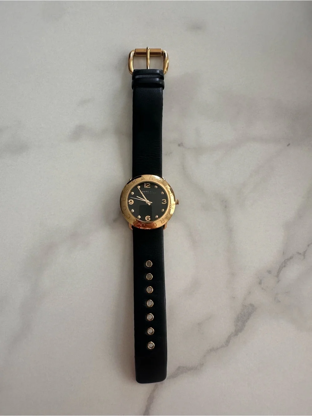 Marc Jacobs Black Leather Watch with Gold-Tone Case